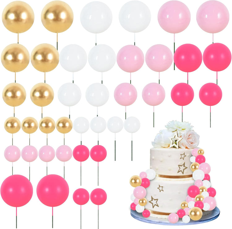 BEISHIDA 40 Pcs Foam Ball Cake Toppers with Sticks Mini Cake Decorations for Birthdays, Weddings, Baby Showers, DIY Baking Supplies, Anniversary Party (Hot Pink,Pink,White,Gold)