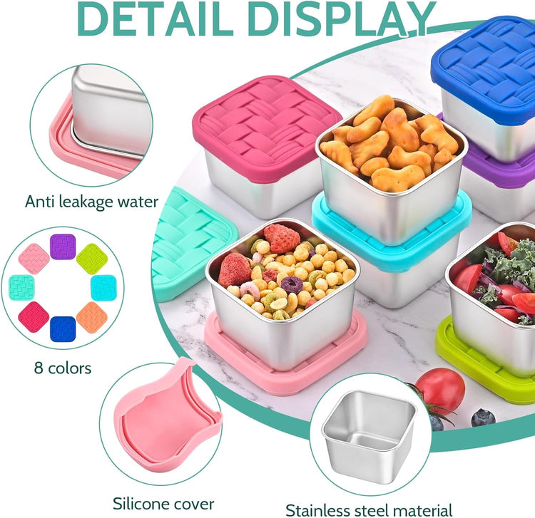 8PC 6oz Stainless Steel Snack Containers with lids, BPA-Free Metal Kids Snack Cups with Fork and Spoon, Leakproof Lunch Box Containers,Resuable Baby Food Storage Bowl