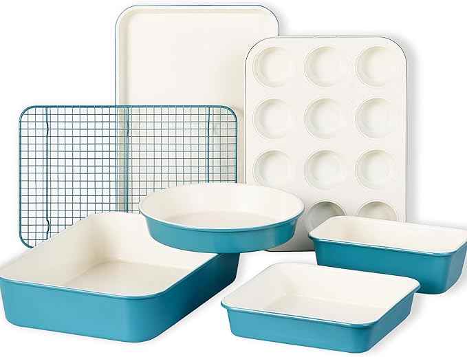 CAROTE 7-Piece Nonstick Ceramic Baking Pans Set - Bakeware Sets Including Cookie Sheets for Baking, Muffin Pan, Bread Pan, Cake pan, Loaf Pan, Roasting Pan, and Cooling Rack, LIght Blue & White