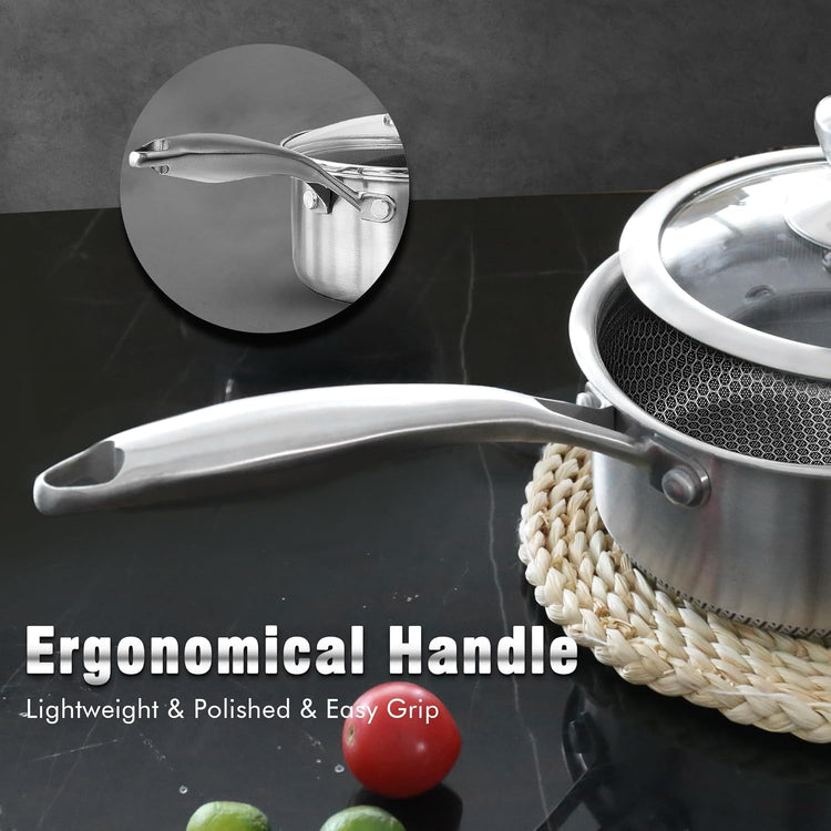 AuFranc™ Hybrid Nonstick 1 Quart Stainless Steel Saucepan with Glass Lid, Induction Sauce Pan with Honeycomb Carving, Non-stick Sauce Pot Compatible with All Cooktops, Dishwasher Safe, Non-Toxic
