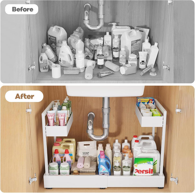 Expandable Under Sink Organizer with 3 Ball-Bearing Slide Rails, 2-Tier Pull-Out Under Cabinet Storage Shelf for Kitchen & Bathroom, Height-Adjustable Slide-Out Cabinet Drawer (White, 1-Pack)