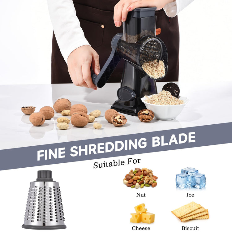 Rotary Cheese Grater with Handle Kitchen Shredder Slicer Grater Slicer Ice Shaver Cheese Vegetable Nuts Potato Zucchini Chocolate 3 Interchangeable Blades
