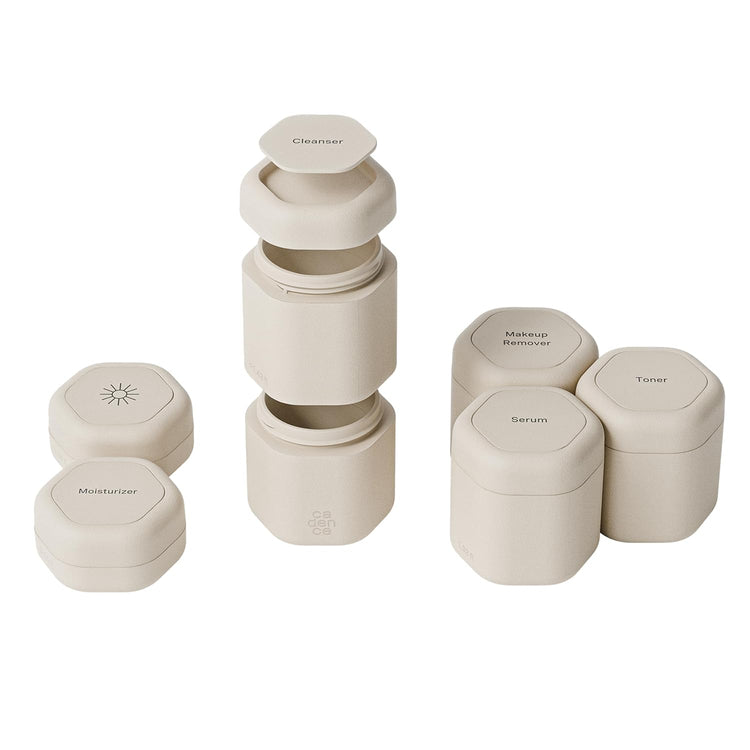 Cadence Travel Containers - Full Skincare Set - Magnetic Containers with Lids,Carry On Travel Essentials For Women/Men - 2 Small (0.56oz), 4 Medium Capsules (1.32oz), & Extender (1.43oz) - Sand
