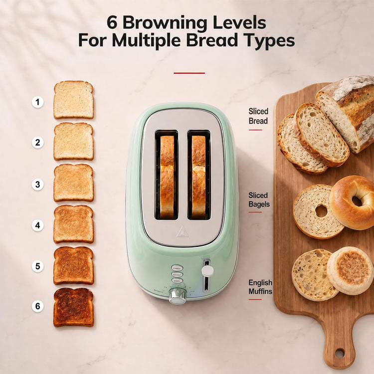 2 Slice Stainless Steel Toaster Retro with 6 Bread Shade Settings