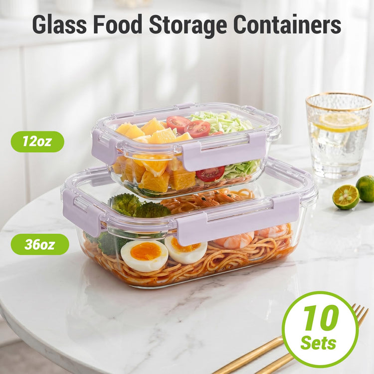10 Sets 36 oz & 12 oz Glass Food Storage Containers with lids (Purple)