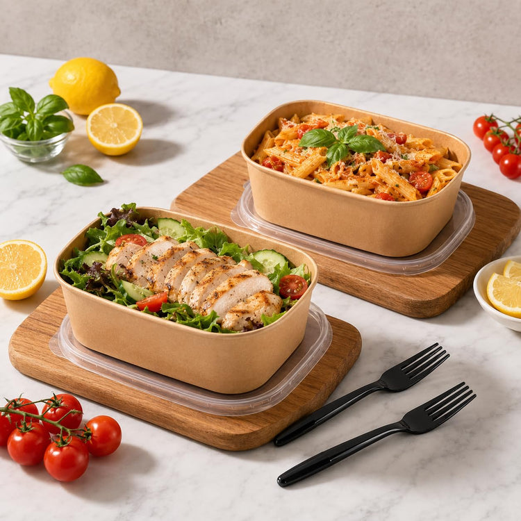 50 Pack 29oz Disposable Kraft Paper Bowls【with Lids and Forks】 (50 Count)