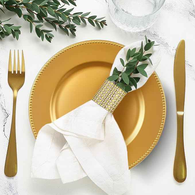 100 Pcs Gold Charger Plates with Napkin Rings Set Include 50 Gold Beaded Charger Plates 50 Napkin Rings, 13 Inch Plastic Round Chargers for Dinner, Wedding, Birthday, Party, Banquet, Table Setting
