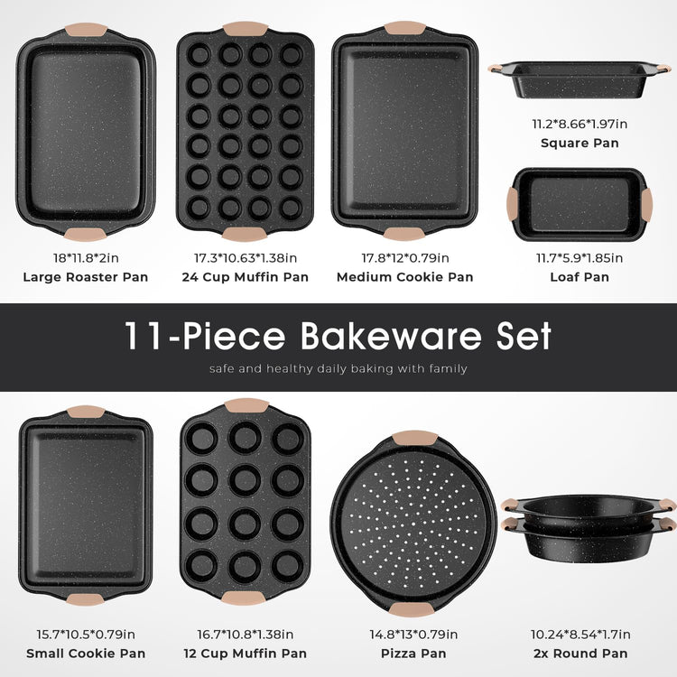 11-Piece Baking Pans Set, Nonstick Bakeware Sets, Oven Pans for Baking with Silicone Handles, Includes Cookie Sheet, Cake Pans, Loaf Pan, Pizza Pan, Muffin Pan, Khaki&Black¡
