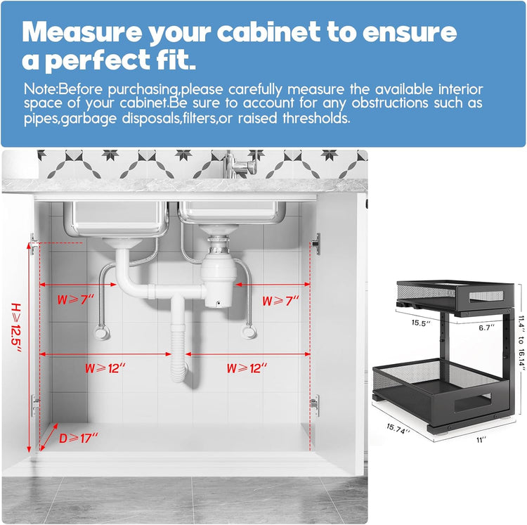 2-Pack Under Sink Storage Organizer, Large 2-Tier Elegant Mesh Pull Out Shelf for Kitchen and Bathroom Cabinet Organization, L-Shaped and Adjustable Height Design,Patent Pending-Black
