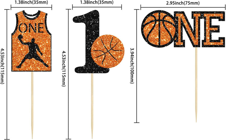 24Pcs Basketball One Cupcake Toppers Glitter Number 1 First Birthday Basketball Cupcake Picks for Sports Theme Baby Shower Kids 1st Birthday Party Cake Decorations Supplies