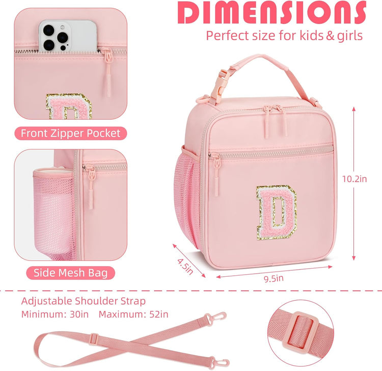 Initial Insulated Lunch Bag for Girls Kids, Back to School Gift, Reusable Leak-proof Lunch Box with Adjustable Strap for School Daycare Travel Picnic (Pink,D)
