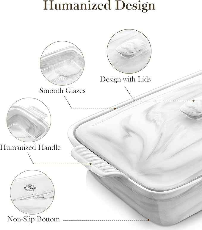 MALACASA Casserole Dish With Lid, 3.4 Quart Baking Dish With Lid, Lasagna Pan Deep Ceramic Bakeware Covered Casserole Dish, Microwave, Oven Safe, Series BAKE-GREY