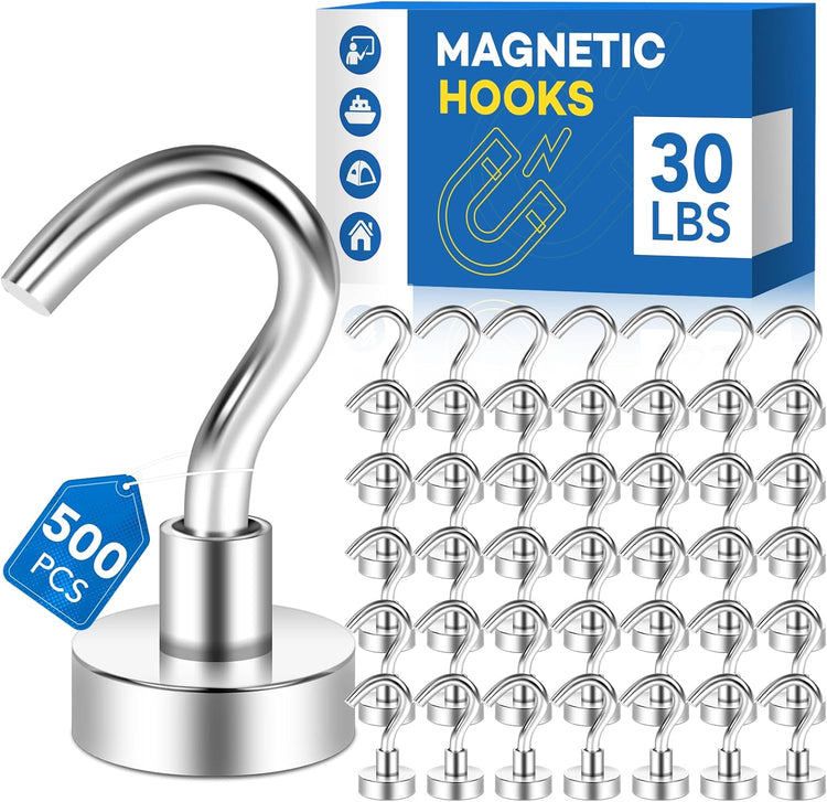 LOVIMAG Neodymium Strong Magnetic Hooks,30Lbs Rare Earth Magnets Heavy Duty with Hook for Refrigerator,Ceiling Magnets for Hanging,Cruise,Curtain and Kitchen etc - Pack of 500