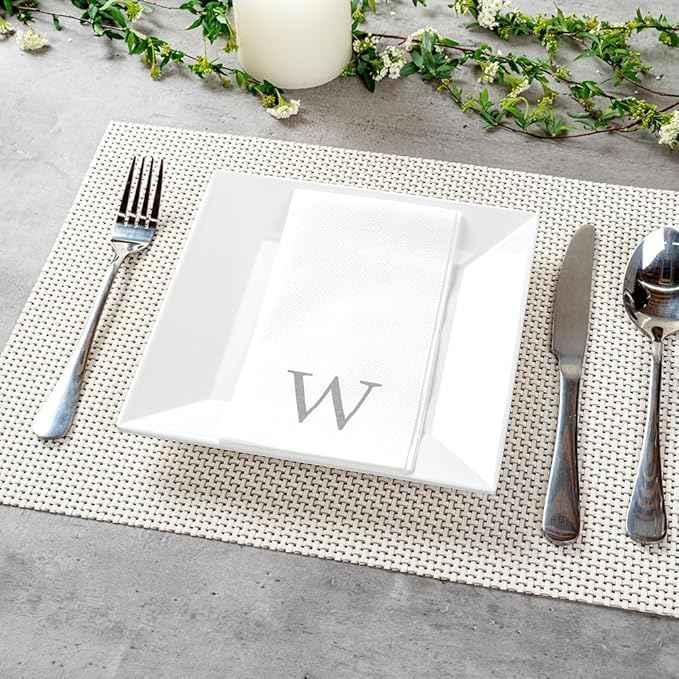 Luxenap 15.8 X 7.9 Inch Linen-Feel Guest Towels, 50 Lettered Hand Towels - Silver Letter 'W', Sans Serif Font, White Paper Dinner Napkins, airlaid, For Restrooms And Tables - Restaurantware