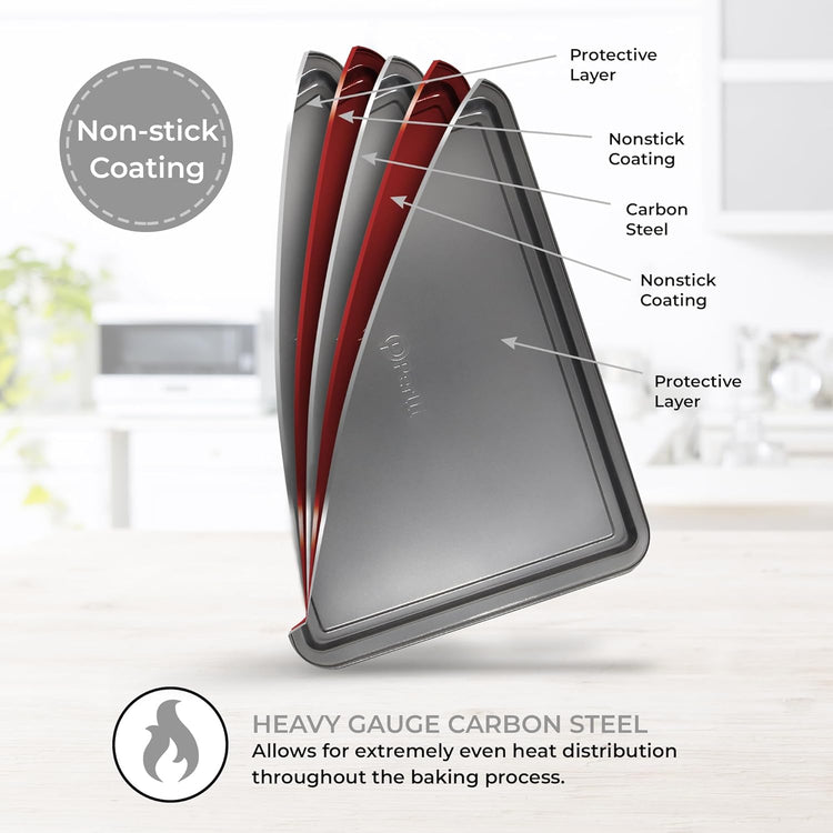 PERLLI Non-Stick 3-Piece Baking Pan Set, BPA-Free Gray Carbon Steel Bakeware Set, Stackable Kitchen Oven Set, Cookie Sheet, Baking Tray, Baking Sheet Set, Oven Safe (446°F)