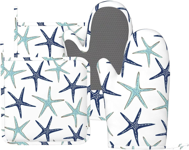 Sea Stars Oven Mitts and Pot Holders Set of 4 Silicone Navy Blue Turquoise Coastal Sea Stars Kitchen Mitten Gloves and Non-Slip Potholders Set Heat Resistant Oven Gloves Hot Holders for BBQ