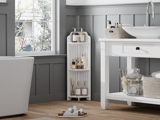 VECELO 3-Tier Bathroom Shelves for Narrow Space, Modern Corner Shelf Stand,Small Storage Organizer for Bathroom,Toilet Paper Stand,White