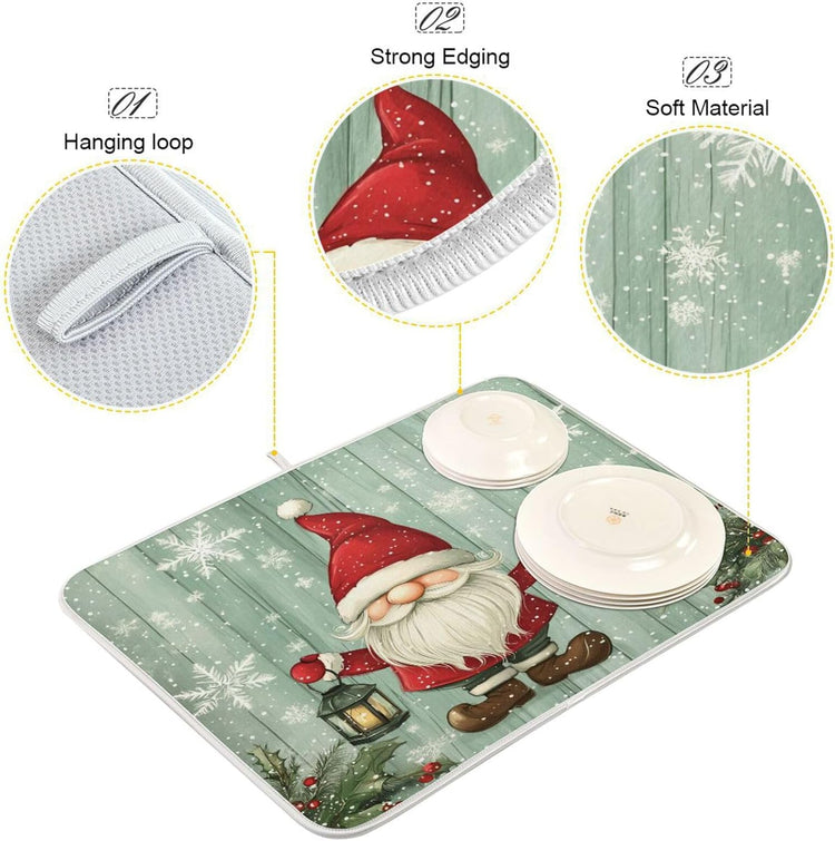 Christmas Gnome with Lantern Dish Drying Mat for Kitchen Counter Absorbent Microfiber Drying Pad, Large 18x24 in, Reversible Drainer Mats