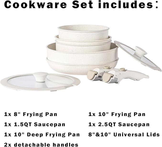 Vkoocy Non Stick Pot and Pan Set with Removable Handle, Ceramic Cookware Set Detachable Handle, Induction Kitchen Camping Stackable Pots Pans, Dishwasher/Oven Safe, Grey
