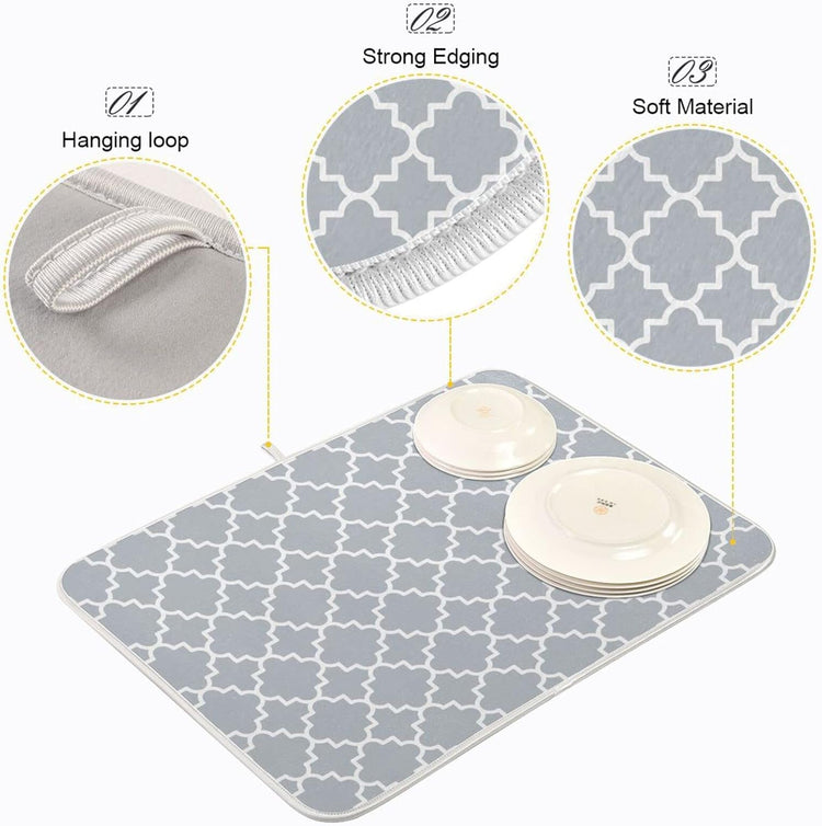 senya Super Absorbent Dish Drying Mat, Microfiber Fast-Drying Dish Mat, 16'' x 18'', Kitchen Dish Drying Pad, Grey Moroccan, 16x18in