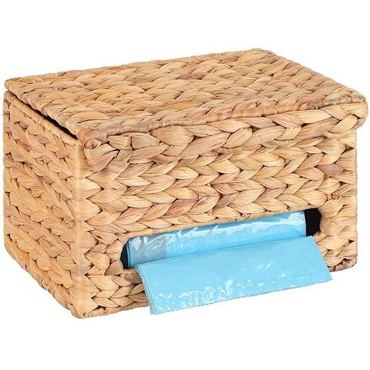 Trash Bag Holder with Scalloped Lid 13β30 Gallon Bags Roll Holder Wall Mount Water Hyacinth Garbage Bag Dispenser for Kitchen, Cabinet (Natural Water Hyacinth)