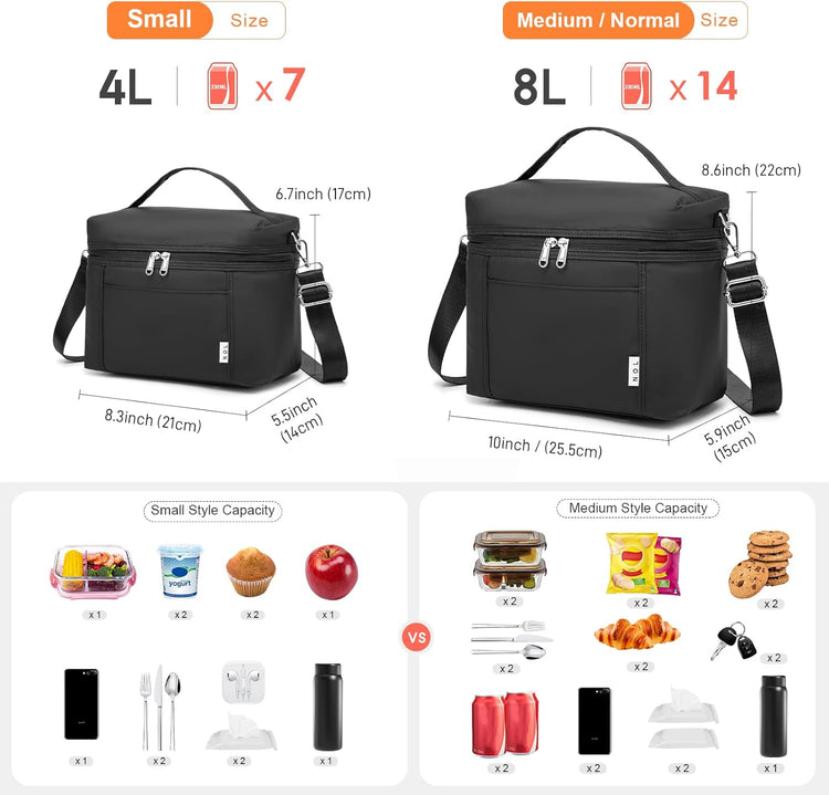 NOL Natural Organic Lifestyle Small Insulated Lunch Bags for Women Cooler Bag Lightweight Nylon Waterproof Lunch Box For Work(Small,Black)