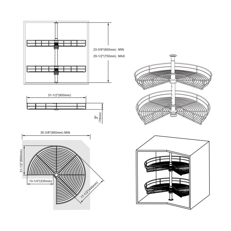 Dowell Base Cabinet Kidney Shape Dia.32 270° Lazy Susan