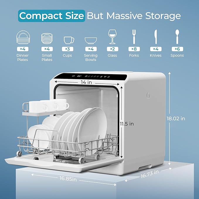 EUHOMY Countertop Dishwasher Portable with 6 Programs, 5L Built-in Water Tank for Apartments & RV, 167โ High-Temp, No Hookup Needed, Mini Dishwasher with Baby Care, Air Dry/Quick/ECO/Fruit/Normal Mode