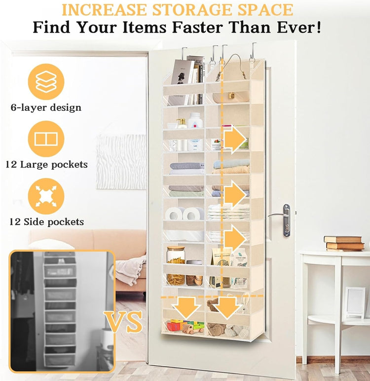 Over the Door Organizer 6 Tiers, Extra Large Behind Door Storage of 12 Compartments,80 lbs Weight Capacity Hanging Storage Organizer with Clear Window Kids Toys, Shoes, Diapers,Beige