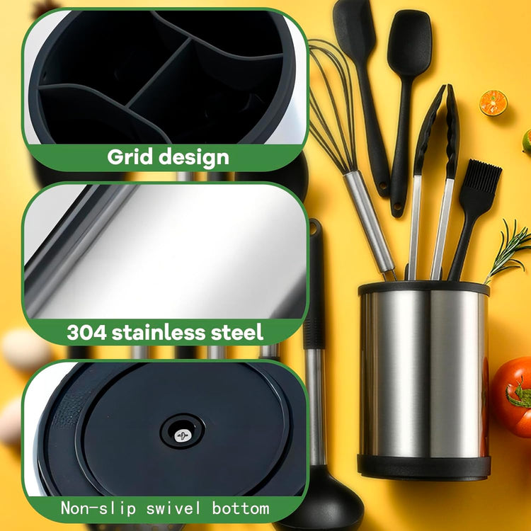 Kitchen Utensil Holder for Countertop, 360°Rotating Cooking Utensil Crocks,4 Compartment Stainless Steel Utensil Holder,6.7”Large Utensil Crock Spoon Fork Knife Holder For Kitchen Counter