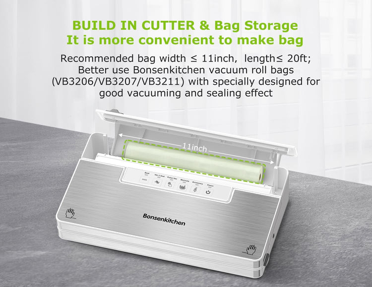 Bonsenkitchen Vacuum Sealer Machine, Stainless Steel Food Sealer Vacuum Sealers with 30 Bags & 1 Roll, 5 Food Vacuum Modes, Built-in Cutter & Bag Storage (White Silver)