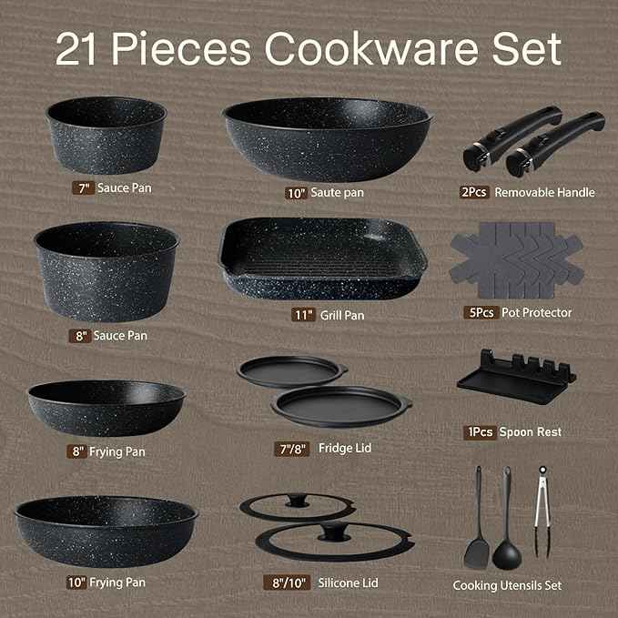 Pots and Pans Set Non Stick, Ceramic Cookware Sets 21 PCS, Granite Induction RV Kitchen Portable Stackable Cooking Set Removable Handles, Dishwasher & Oven Safe, Black
