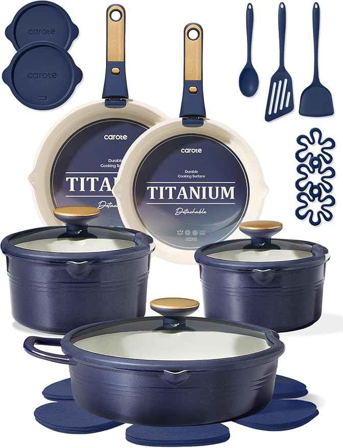 CAROTE 22Pcs Titanium Cookware Set, Pots and Pans Set Non Stick, Kitchen Cooking Set with Detachable Handle, Non Toxic Induction Cookware, Dishwasher/Oven Safe,Blue