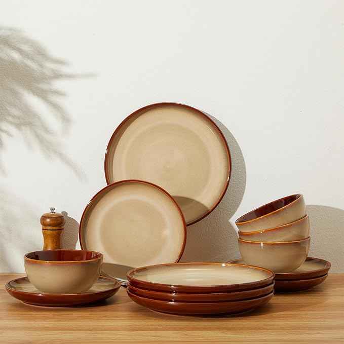 Ceramic Dishes Set for 8, 24 Piece Stoneware Dinnerware Sets, Chip and Scratch Resistant, Easy to Stack & Clean, Modern Rustic Look, Brown Yellow