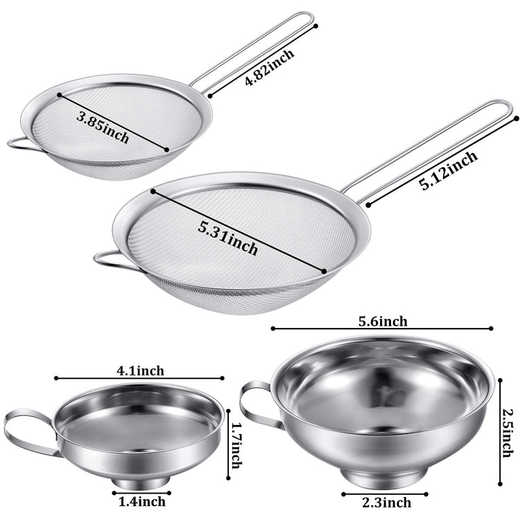 Boao 4 Pieces Stainless Steel Funnels with Fine Mesh Strainer, Household Kitchen Canning Funnels with Stainless Steel Colander