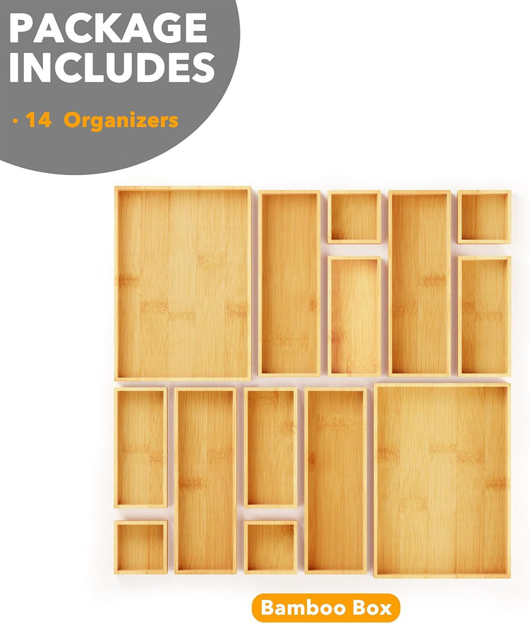 SpaceAid 14-Piece Bamboo Drawer Organizer Storage Boxes Set, Wood Tray Junk Drawer Organizers Multi-Use Divider Bins for Kitchen, Bathroom, Office Desk and Makeup Organization (14 Pack, Natural)