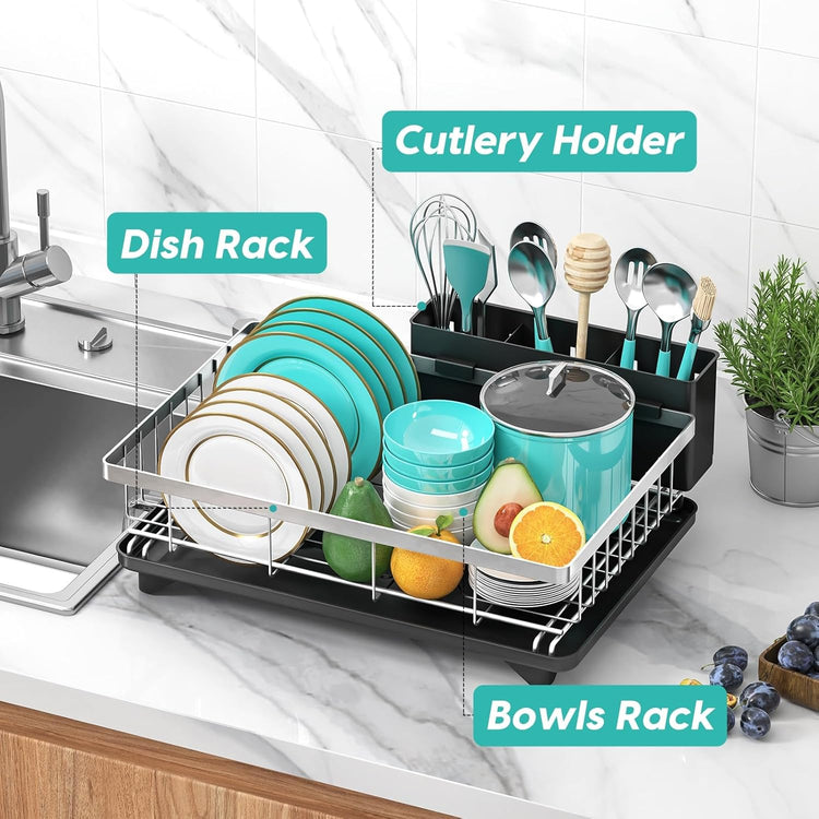 MERRYBOX Stainless Steel Dish Drying Rack for Kitchen Counter Sink,Rustproof Stainless Steel Dish Rack with Large 3-Compartment Utensil Holder