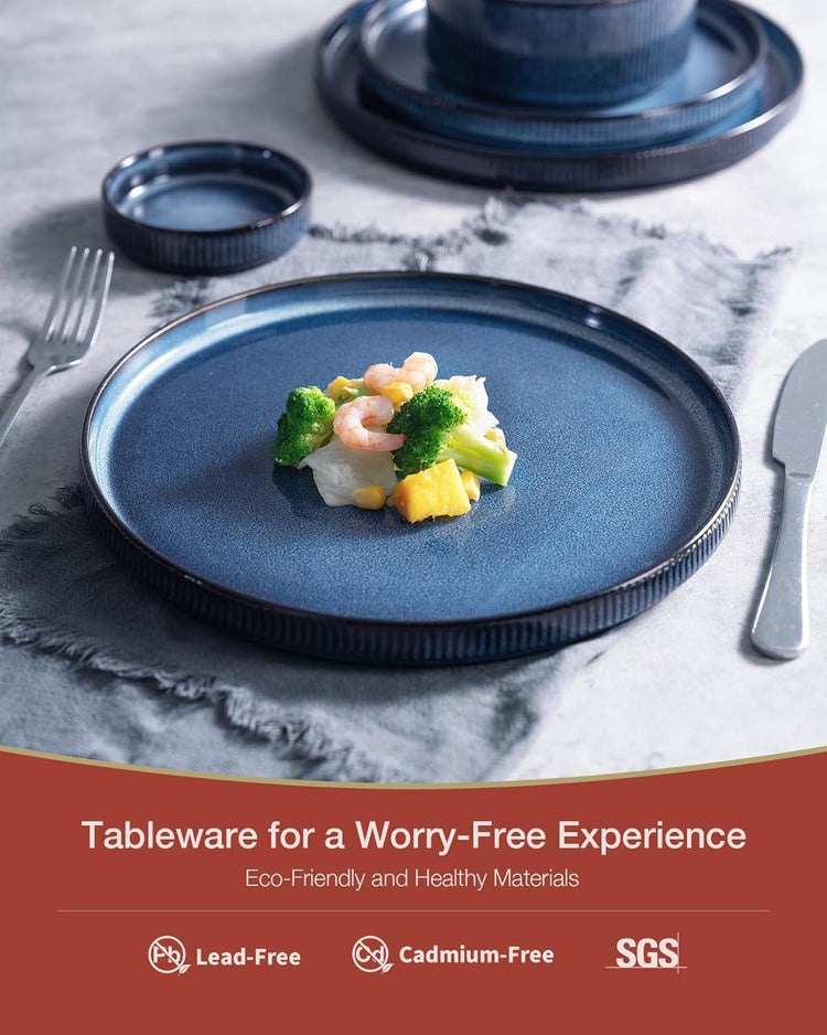 Famiware Star Dinnerware Sets, Plates and Bowls Set for 4, 12 Pieces Ribbed Dishes - Chip and Scratch Resistant, Microwave and Dishwasher Safe Tableware, Nebulas Blue