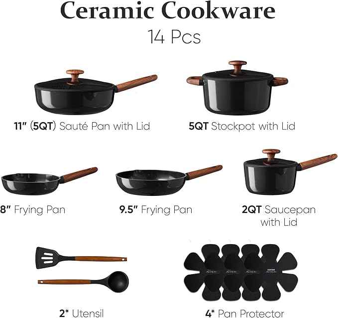 CAROTE ceramic cookware set,nonstick pots and pans,14PCS Non Toxic Healthy Non Stick Kitchen Cooking Pots and Frying Pans Set, PFAS PTFE Free
