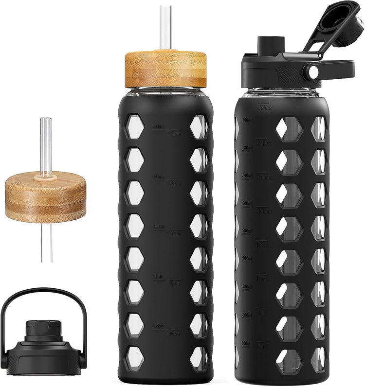 MUKOKO Glass Water Bottles, 32oz Glass Tumbler with Straw, Drinking Bottles with 2 Lids-Handle Spout Lid&Bamboo Straw Lid, Motivational Water Bottle with Time Marker and Silicone Sleeve, 1 Pack-Black