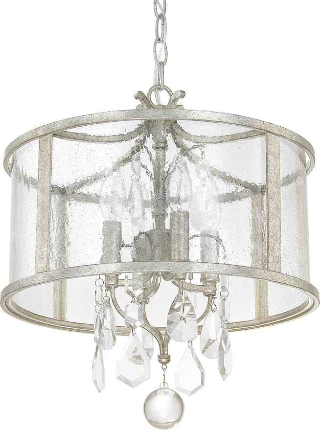 Capital Lighting 9484AS-CR Blakely Luxe K9 Crystal/Water Glass Drum Pendant, 4-Light 240 Total Watts, 17" H x 15" W, Antique Silver
