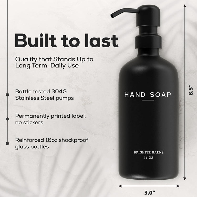 Black Glass Soap and Lotion Dispenser Set by Brighter Barns - Hand Soap Dispenser Bathroom Set - Bathroom Decor & Accessories for Restaurant, Gym, Office, Fitness Center, Hotel, Airbnb, Spa (Black)