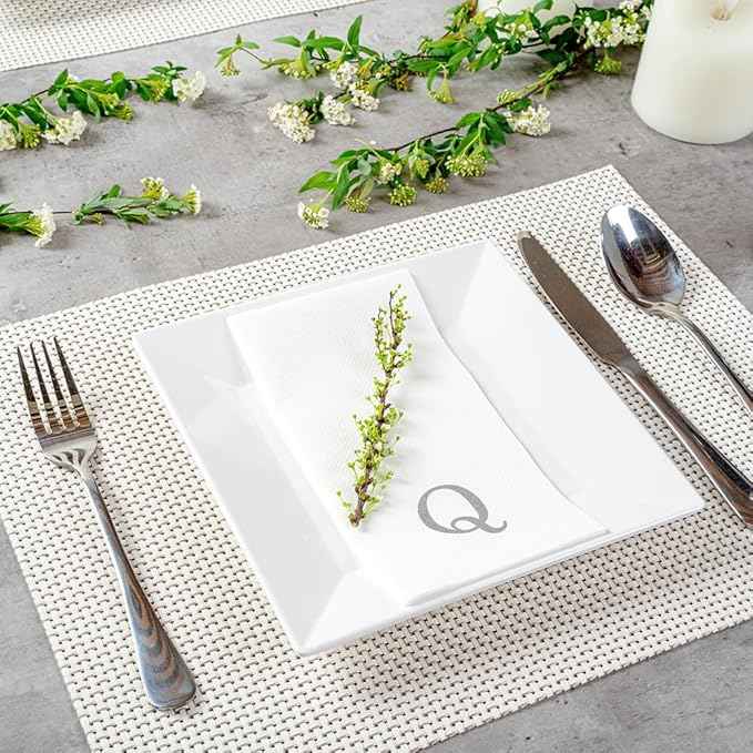 Luxenap 15.8 X 7.9 Inch Linen-Feel Guest Towels, 2000 Lettered Hand Towels - Silver Letter 'Q', Sans Serif Font, White Paper Dinner Napkins, airlaid, For Restrooms And Tables - Restaurantware