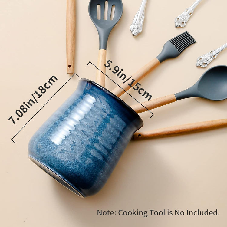 Hasense Extra Large Utensil Holder Crock for Kitchen Counter - 7.1” x 5.9” Vintage Farmhouse Blue Ceramic Caddy Utensil Organizer and Rustic Table Decor for Spatulas, Spoons, and Other Cooking Tools