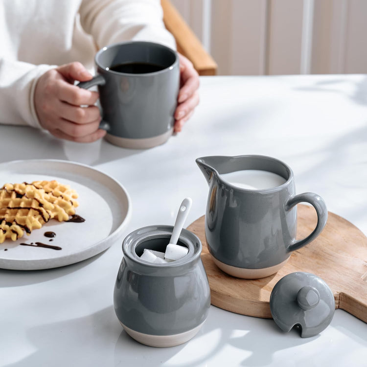 famiware Milkyway Ceramic Sugar and Creamer Set, 10oz Sugar Bowl & 13oz Creamer Set – Stoneware Milk Pitcher & Sugar Dispenser for Coffee Bar, Kitchen, or Countertop, Coffee Serving Set, Dark Gray