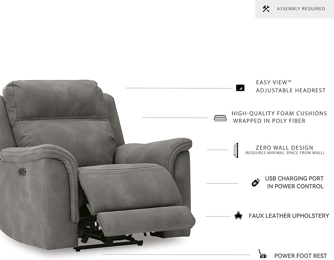 Signature Design by Ashley Contemporary Next-Gen DuraPella Power Recliner with Adjustable Headrest, One-Touch Control, Water Repellent Faux Leather, Gray