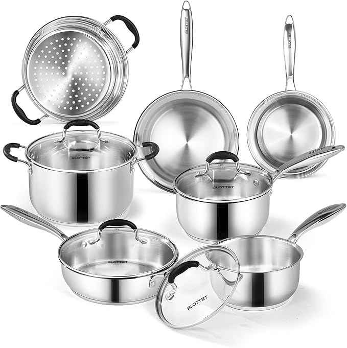 Stainless Steel Kitchen Cookware Set,11 Piece Pots and Pans Set with Steamer,Heat-resistant Handle,Non-Toxic,Induction,Oven,Dishwasher Safe