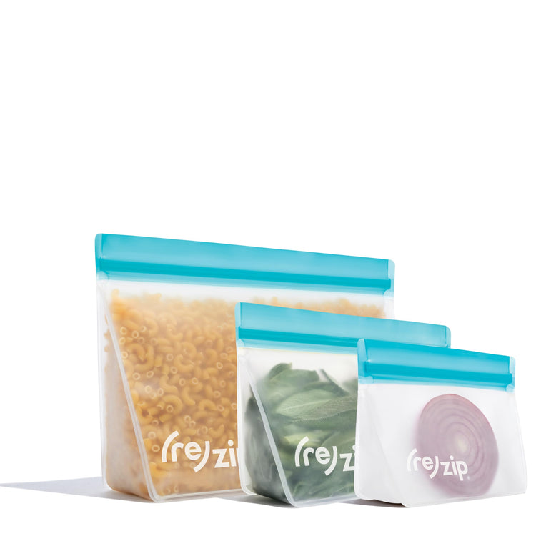 re) zip 3-Piece Stand-Up Reusable Bag Kit | BPA-Free, Food Grade, Leakproof, Freezer and Dishwasher Safe | Quart (1), 2-Cup (1), Snack (1) | Aqua