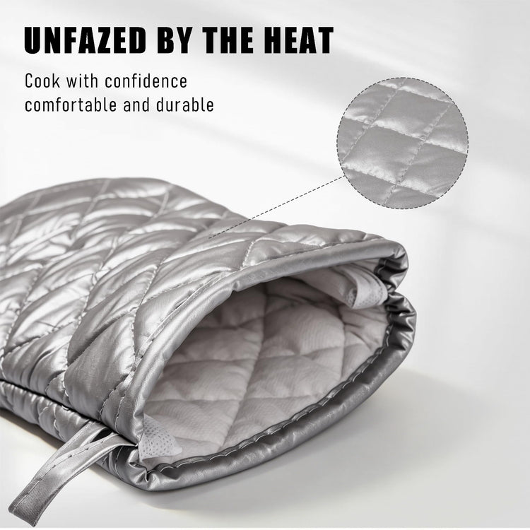 Silver 13" Quilted Oven Mitts Set of 2 Heat Resistant for Kitchen Grill (2 Count)