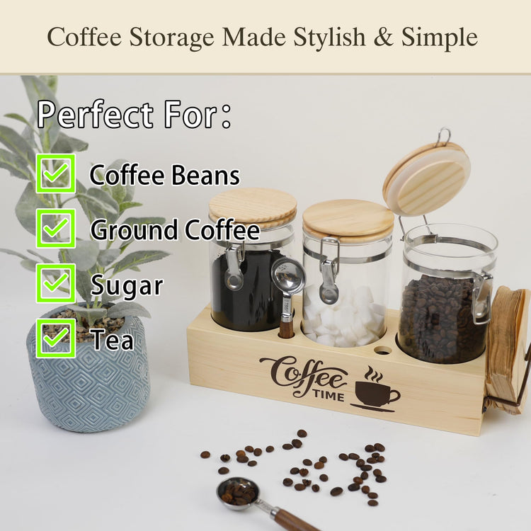 Glass Coffee Canister Set with Shelf & Spoons